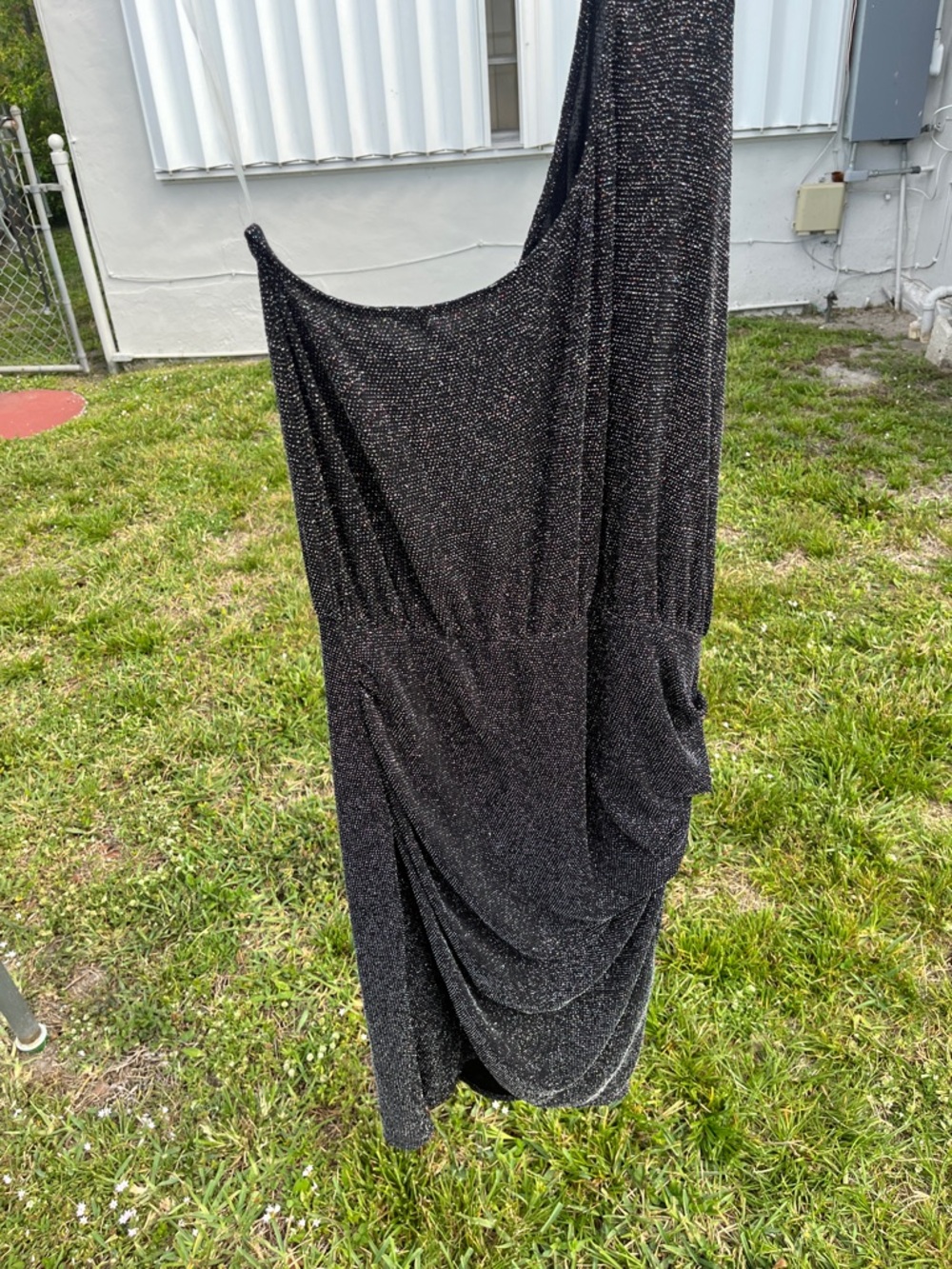 white birch Black One-Shoulder Sparkle Draped Dress